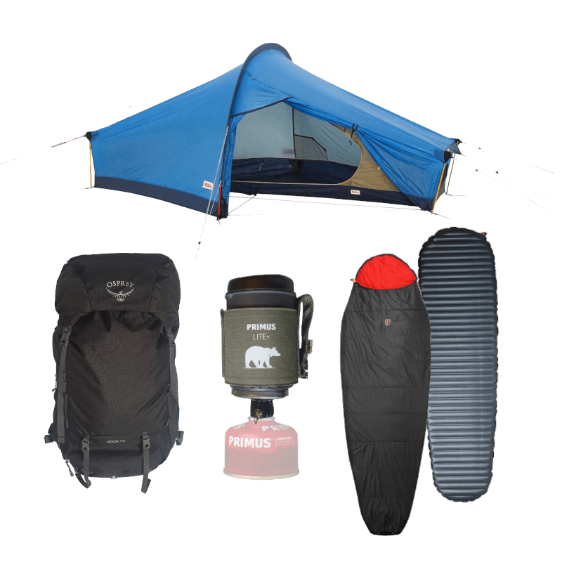tält, ryggsäck, stormkök, sovsäck, liggunderlag