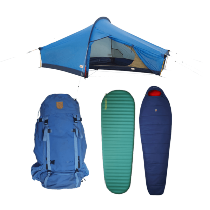 Vandringsryggsäck, sovsäck, liggunderlag och tält